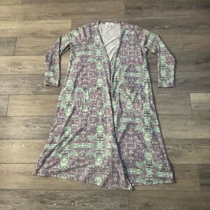 LuLaRoe Sarah Cardigan Sz L Green Purple Stretchy Lagenlook Duster Boho Hippie